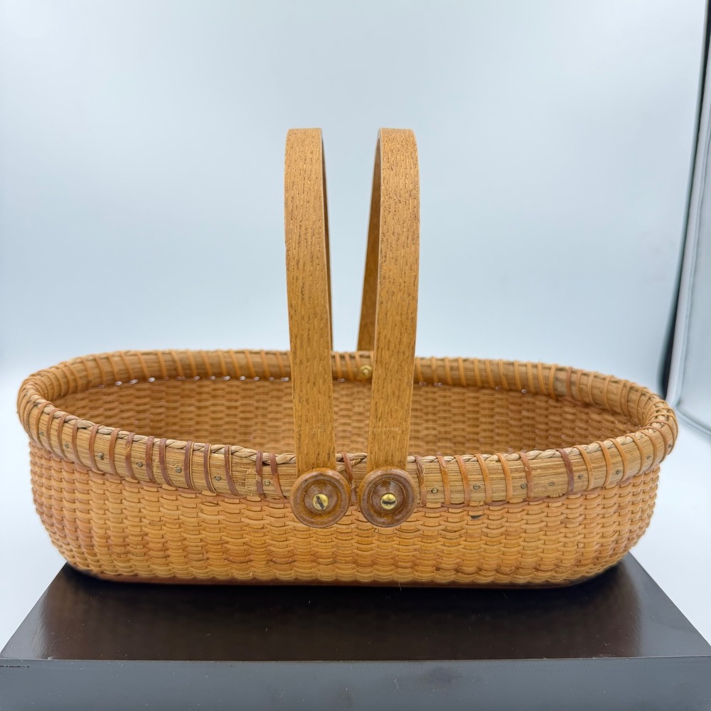 Handwoven Nantucket Lightship Basket Oval Double Swing Handle Signed Ketter 2011